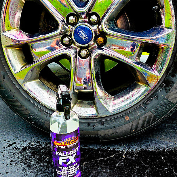 Speed and Shine Fallout FX 16 oz | Iron Remover & Wheel Cleaner in front of a wheel