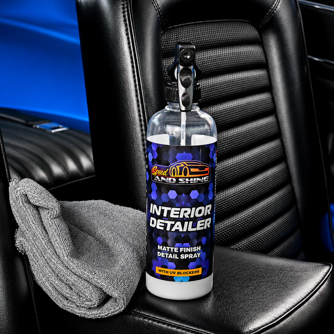 A bottle of Interior Detailer stands on a leather car seat next to a microfiber cloth